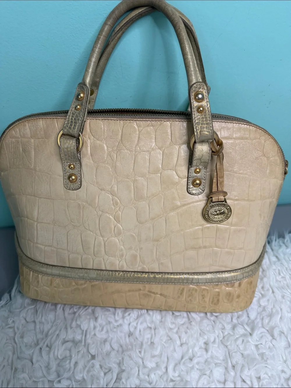 Brahmin Dome Classic Croc-Embossed Dome Satchel in Cream and Tan,NO LONG STRAP